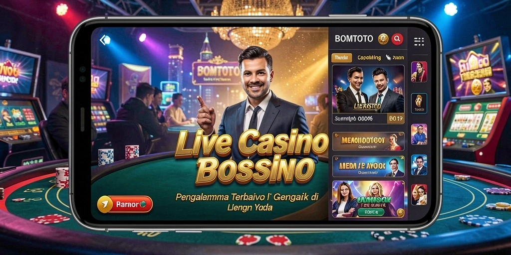 Screenshot utama BOMTOTO menampilkan dealer profesional dan tabel permainan Live Casino.