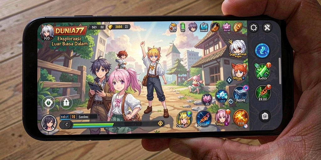 Tampilan gameplay menarik dengan karakter anime yang beragam.
