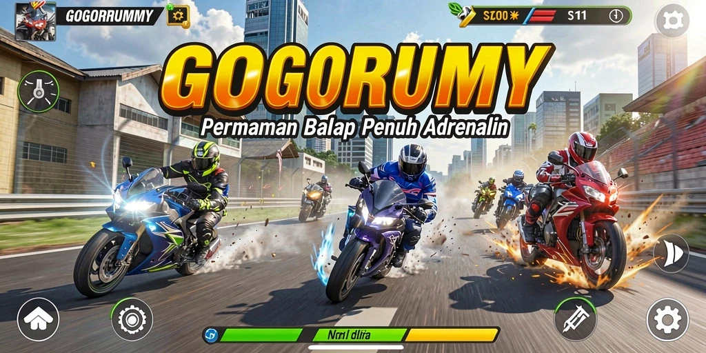 Screenshot menampilkan gameplay seru balapan motor dalam GOGORUMMY.