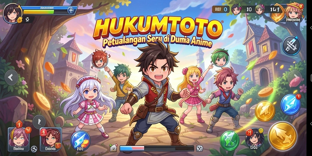 Tampilan gameplay menarik dari HUKUMTOTO dengan karakter Anime berwarna-warni.