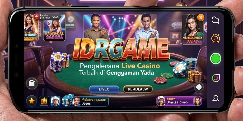 Screenshot gameplay IDRGAME menampilkan dealer langsung dalam suasana kasino yang mengesankan.
