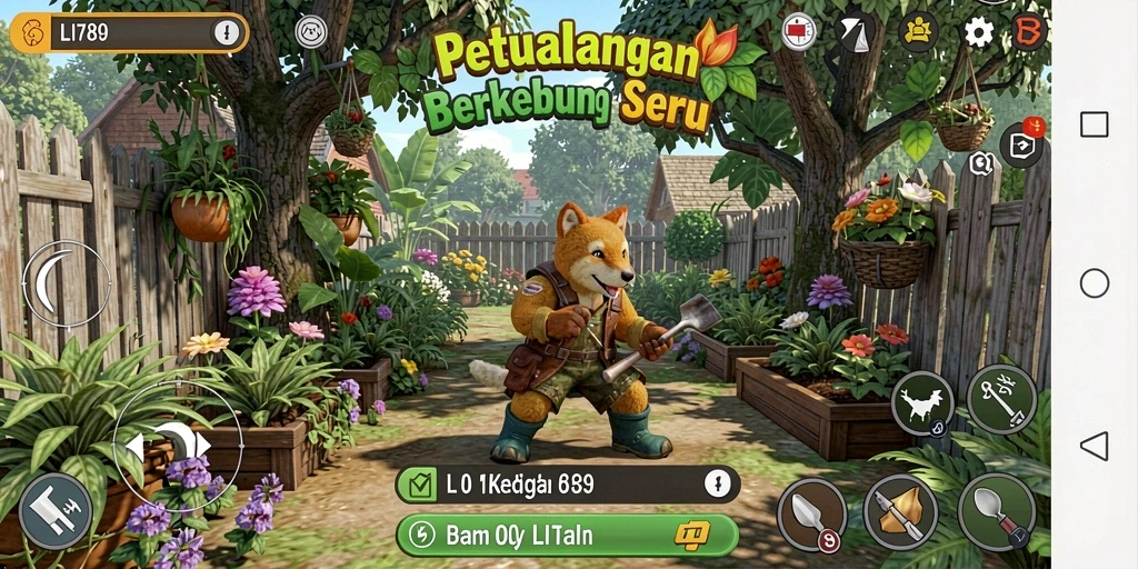 Tampilan gameplay LI789 yang menampilkan aktivitas berkebun dan pemanenan.
