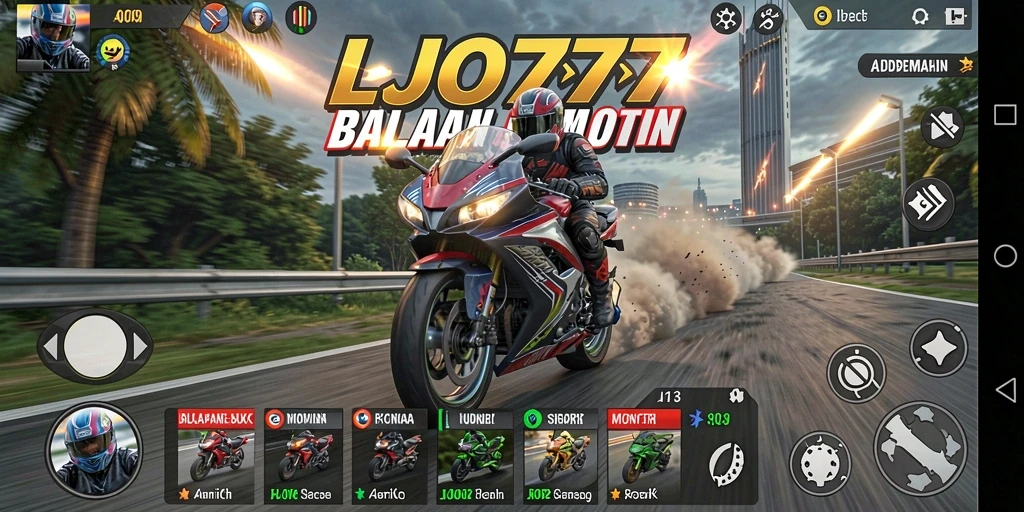 Screenshot gameplay LJO777 yang menunjukkan balapan motor yang seru.