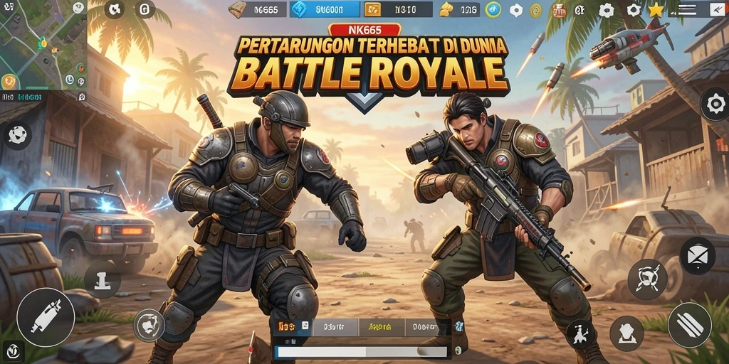 Screenshot gameplay NK666 menunjukkan aksi seru di medan perang Battle Royale.