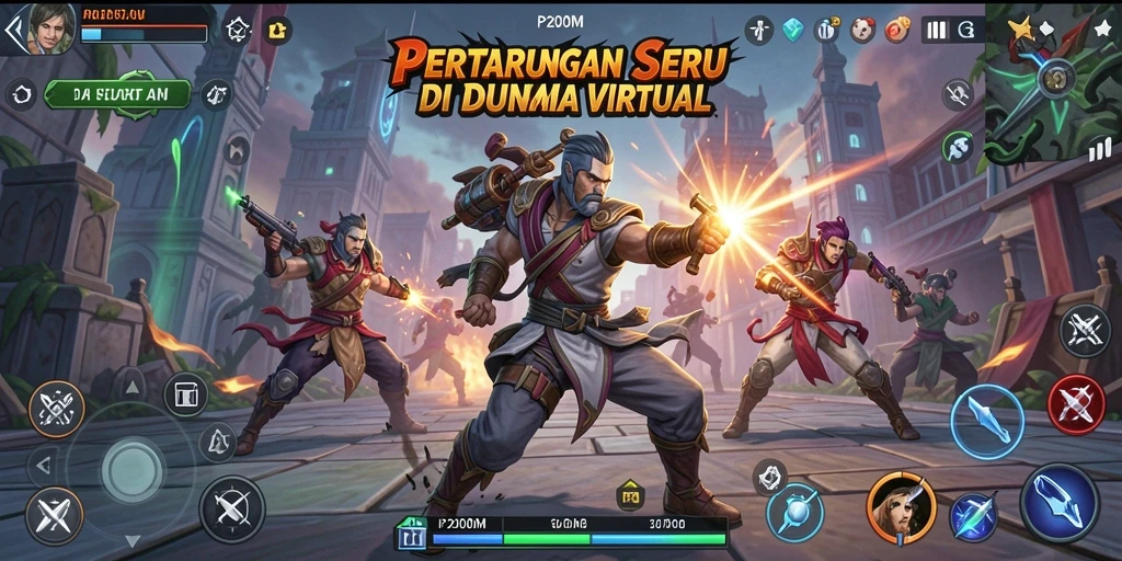 Gameplay P200M dengan karakter bertarung di arena yang penuh aksi.
