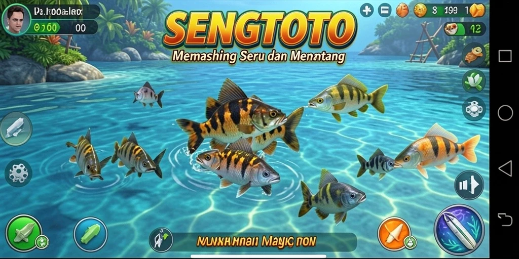 Tampilan gameplay SENGTOTO saat memancing di lokasi indah.